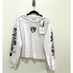 NEW Wear by Erin Andrews Brooklyn Nets Women's Long Sleeve Crop T-Shirt Oversize